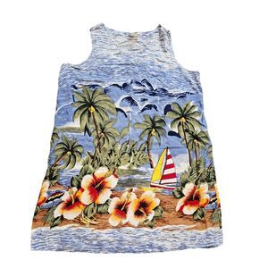 Vtg Tropical Escape Floral Beach Print Dress Women 1X Palm Trees Boho Coastal